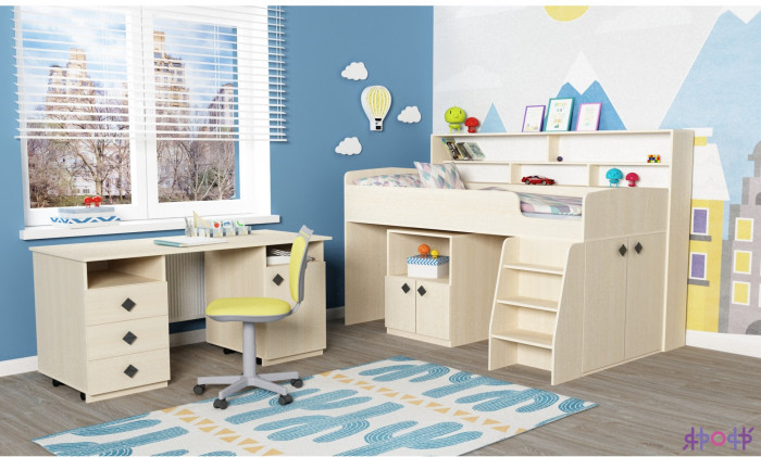 Кровать-чердак Малыш 5 (Дуб молочный/Лайм)