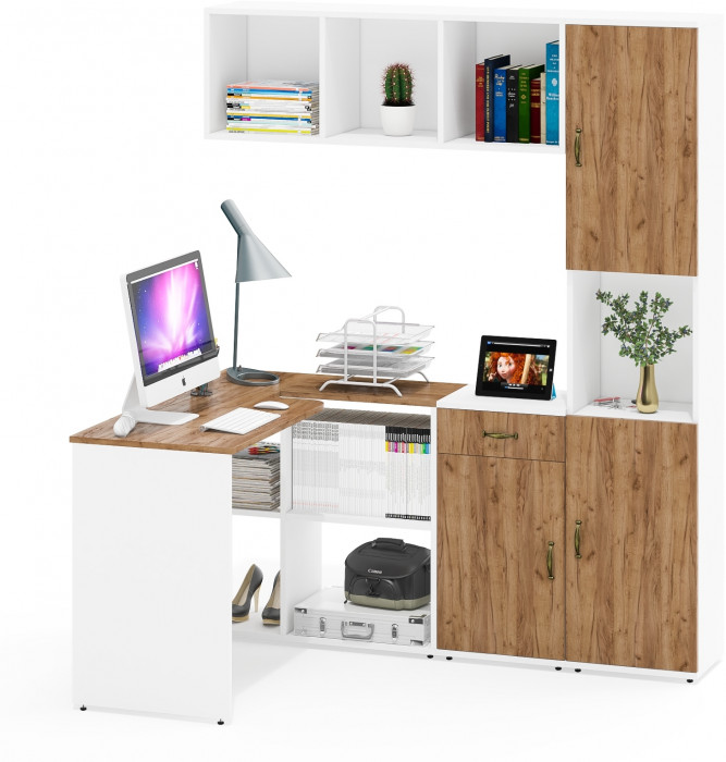 Лидер-8 Стол + Полка + Тумба МД 3.15 + Пенал, цвет белый шагрень/крафт золото, ШхГхВ 370х50/30х75/190 или 230х50/120х75/190  см., НЕ универс. сб.