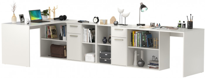 Лайт Стол письменный 03.245F + 03.245F, цвет белый шагрень, ШхГхВ 342,7х136х75,2 см.(угловой) или 407х68х75,2 см.(прямой), универсальная сборка