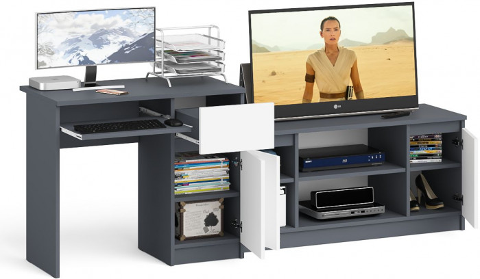 Мори Стол компьютерный МС-1 правый + Тумба МТВ1200.1, цвет графит/белый, ШхГхВ 210,4х50х76,6 см., выдвижной ящик справа, НЕ универсальная сборка