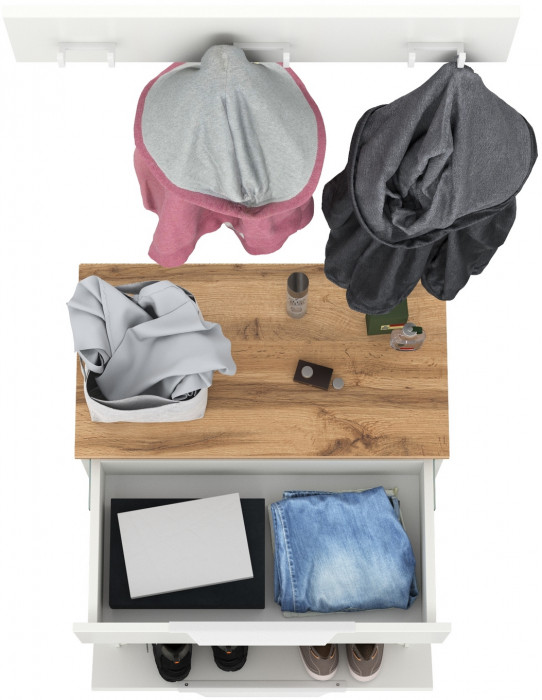 Октава 16.127 Тумба для обуви + 15.14.02 Вешалка, цвет белый шагрень/дуб крафт золотой/фасады МДФ белый шагрень, ШхГхВ 64,9х35,4х180 см.