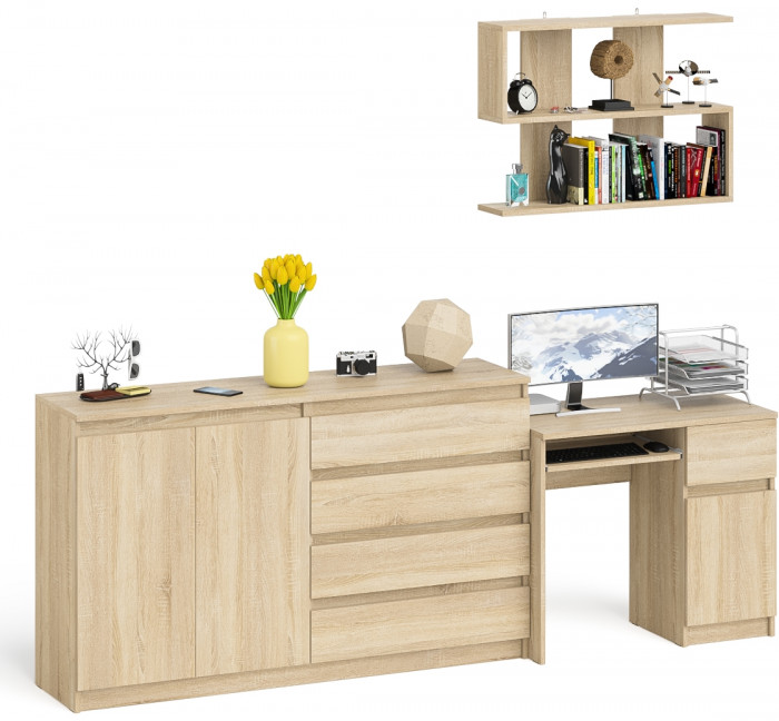 Мори Стол компьютерный МС-1 правый + Комод МК1600.1 + Полка 900, цвет дуб сонома, ШхГхВ 250,4х50х209,6 см., НЕ универсальная сборка