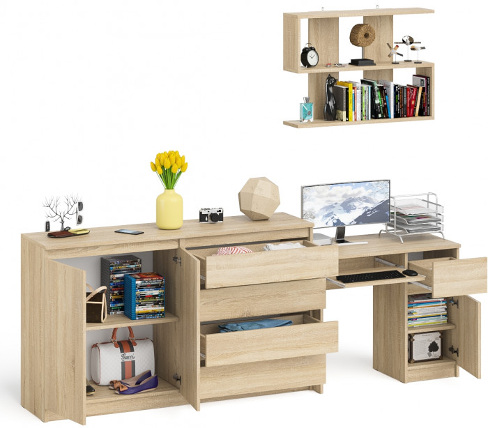 Мори Стол компьютерный МС-1 правый + Комод МК1600.1 + Полка 900, цвет дуб сонома, ШхГхВ 250,4х50х209,6 см., НЕ универсальная сборка
