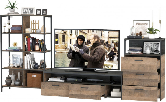 Трувор Гостиная 086, цвет дуб гранж песочный/интра, ШхГхВ 305,8х45,4х146 см., универсальная сборка