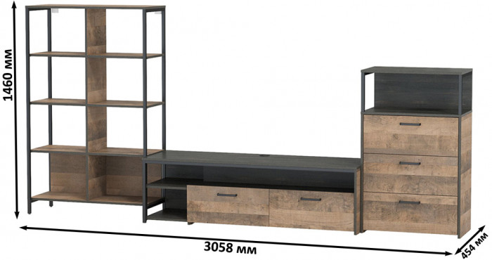 Трувор Гостиная 086, цвет дуб гранж песочный/интра, ШхГхВ 305,8х45,4х146 см., универсальная сборка
