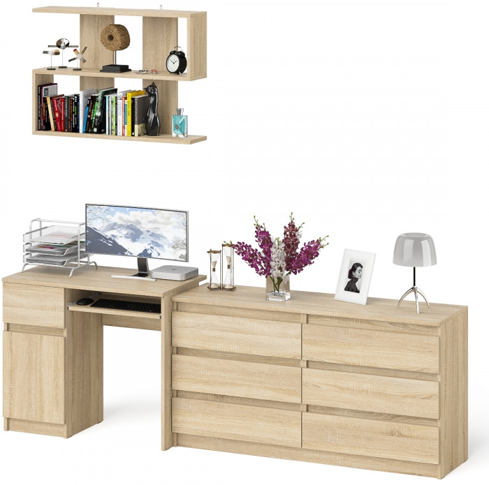 Мори Стол компьютерный МС-1 левый + Комод МК1380.6 + Полка 900, цвет дуб сонома, ШхГхВ 228х50х209,6 см., НЕ универсальная сборка