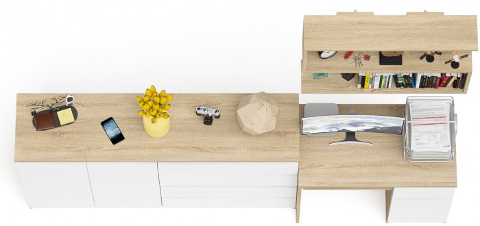 Мори Стол компьютерный МС-1 правый + Комод МК1600.1 + Полка 900, цвет дуб сонома/белый, ШхГхВ 250,4х50х209,6 см., НЕ универсальная сборка