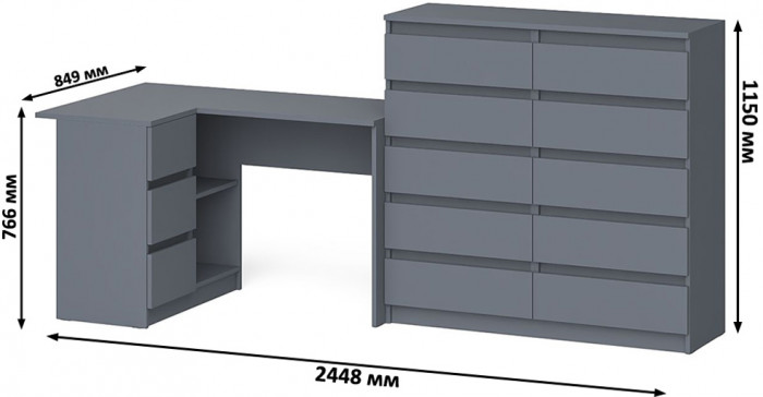 Мори Стол компьютерный МС-16 левый + Комод МК1200.10, цвет графит, ШхГхВ 244,8х84,9х115 см., выдвижные ящики слева, НЕ универсальная сборка