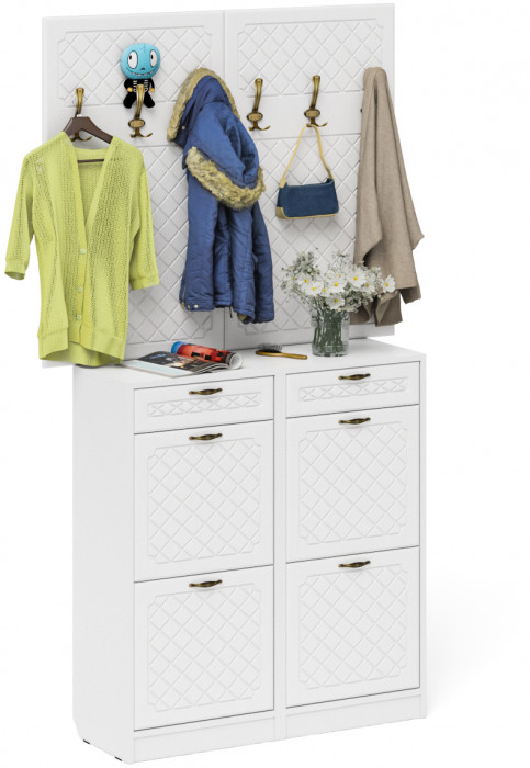 Прихожая П-6 Компоновка № 04, цвет белая шагрень/фасады МДФ белое дерево фрезеровка ромб, ШхГхВ 120х35х200 см.