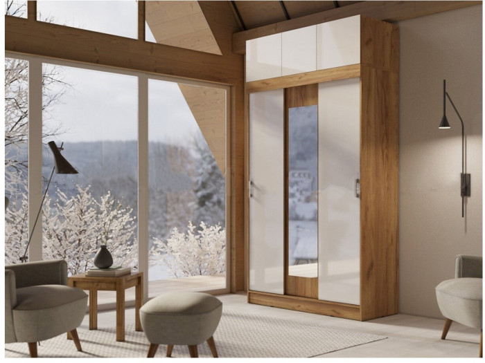 Шкаф-купе с антресолью (Дуб Крафт Золотой / Белый Глянец)