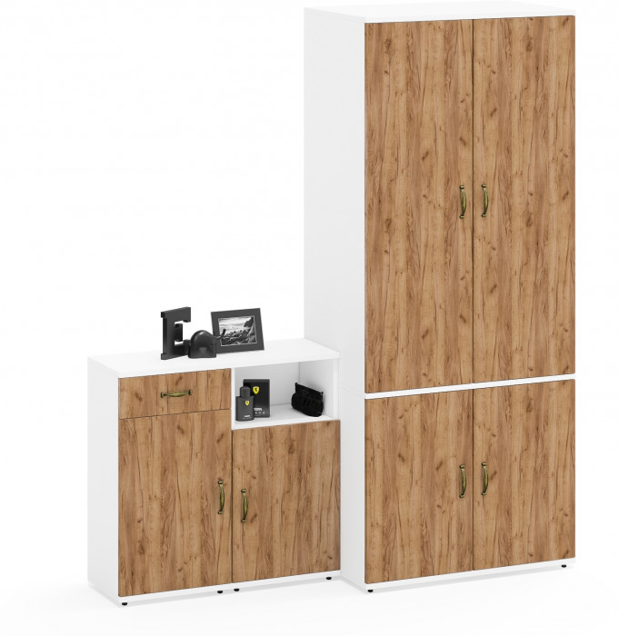 Лидер-8 Шкаф МД 19Б + Тумба МД 3.15 + Тумба МД 3.19, цвет белый шагрень/крафт золото, ШхГхВ 160х50х190 см., универсальная сборка