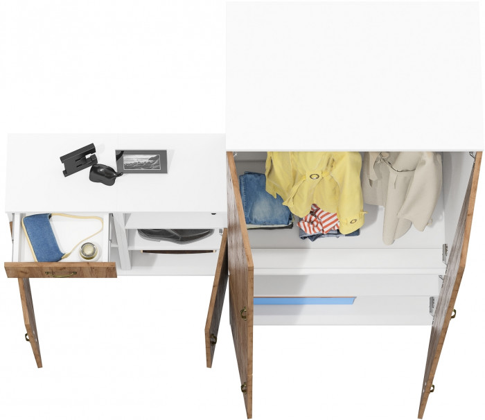 Лидер-8 Шкаф МД 19Б + Тумба МД 3.15 + Тумба МД 3.19, цвет белый шагрень/крафт золото, ШхГхВ 160х50х190 см., универсальная сборка