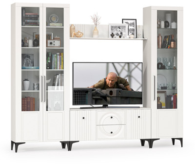 Валенсия Гостиная № 060, цвет ЛДСП белый шагрень/МДФ белый шагрень, ШхГхВ 272,2х38,3х225,2 см., ниша для ТВ 133х38х117 см., универсальная сборка