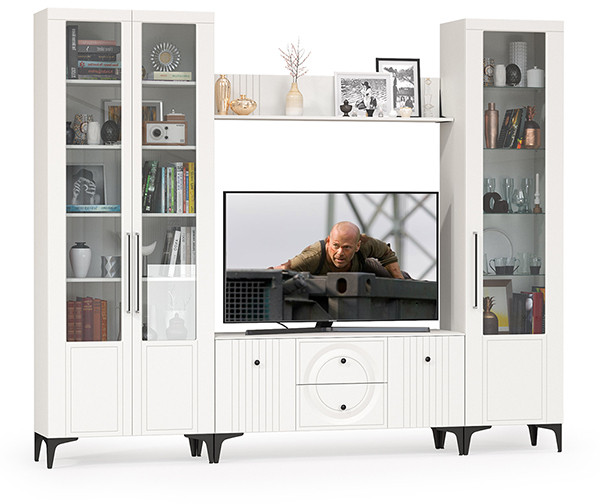 Валенсия Гостиная № 060, цвет ЛДСП белый шагрень/МДФ белый шагрень, ШхГхВ 272,2х38,3х225,2 см., ниша для ТВ 133х38х117 см., универсальная сборка