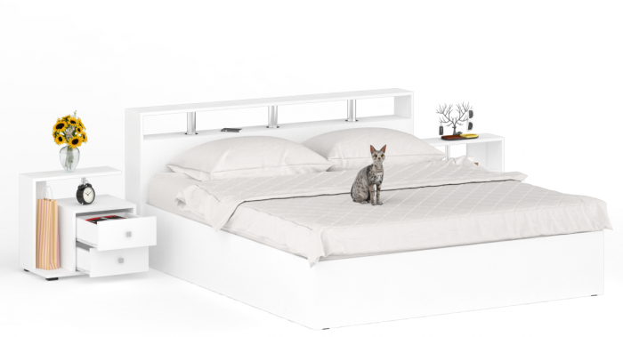 Камелия Кровать 1800 + две тумбы, цвет белый, ШхГхВ 296х217х78,2 см., сп.м. 1800х2000 мм., без матраса, основание есть