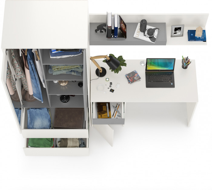 Торонто 12.149 Стол + 13.333 Шкаф для одежды + 16.475 Полка, цвет белый шагрень/стальной серый, ШхГхВ 200х53,1х195,7 см., универсальная сборка