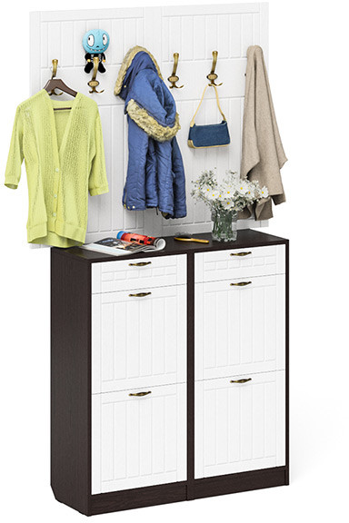 Прихожая П-6 Компоновка № 04, цвет венге/фасады МДФ белое дерево фрезеровка прованс, ШхГхВ 120х35х200 см.