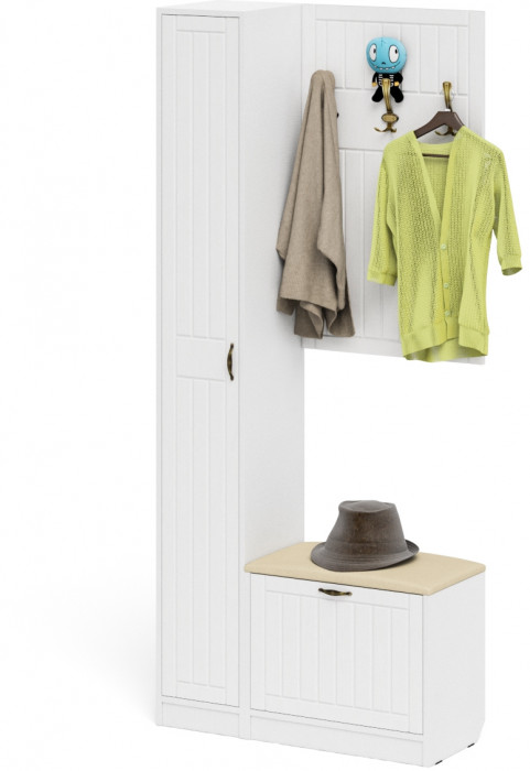 Прихожая П-6 Компоновка № 21, цвет белая шагрень/фасады МДФ белое дерево фрезеровка прованс, ШхГхВ 90х35х210 см., универсальная сборка