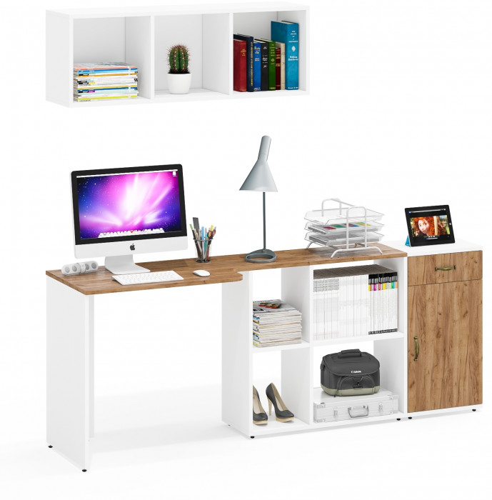 Лидер-8 Стол + Полка + Тумба МД 3.15, цвет белый шагрень/крафт золото, ШхГхВ 205х50/30х75/190 или 115х50/120х75/190 см., НЕ универсальная сборка