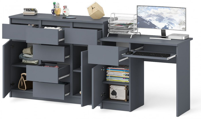 Мори Стол компьютерный МС-1 левый + Комод МК1200.4, цвет графит, ШхГхВ 210,4х50х94 см., выдвижной ящик слева, НЕ универсальная сборка