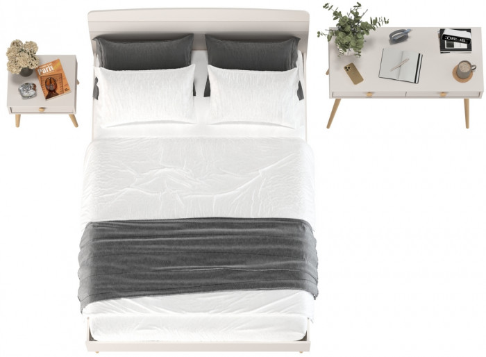 Афина Спальня Кровать 1400 + Стол + Тумба, цвет кашемир серый, ШхГхВ 144,6х210,2х95,7 + 100х45х76 + 45х37х45 см., 1400х2000 мм., б/м, осн. есть