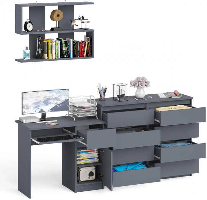 Мори Стол компьютерный МС-1 правый + Комод МК1200.8 + Полка 900, цвет графит, ШхГхВ 210,4х50х209,6 см., НЕ универсальная сборка