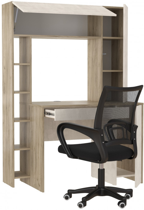 КР100 Стол компьютерный Комфорт 12.71 + кресло 103 чёрное, цвет дуб крафт серый/шёлковый камень, ШхГхВ 116,7х60,2х165,4 см., НЕ универсальная сборка