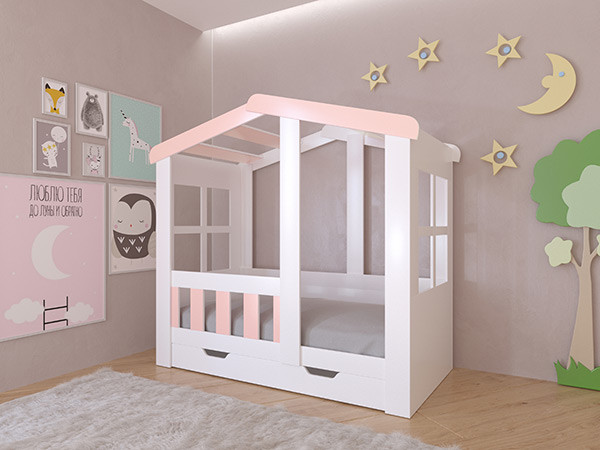 Кровать Астра Домик Белый/Розовый с ящиком