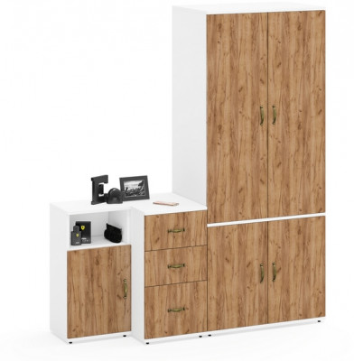 Лидер-8 Шкаф МД 19Б + Тумба МД 3.16 + Тумба МД 3.19, цвет белый шагрень/крафт золото, ШхГхВ 160х50х190 см., универсальная сборка