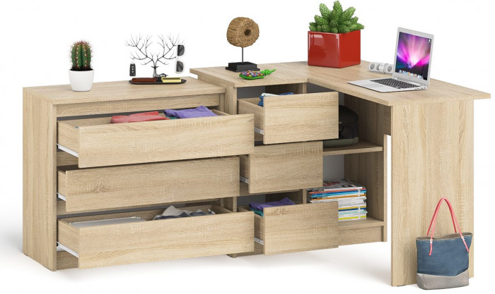 Мори Стол компьютерный МС-16 левый + Комод МК800.1, цвет дуб сонома, ШхГхВ 204,8х84,9х76,6 см., выдвижные ящики слева, НЕ универсальная сборка