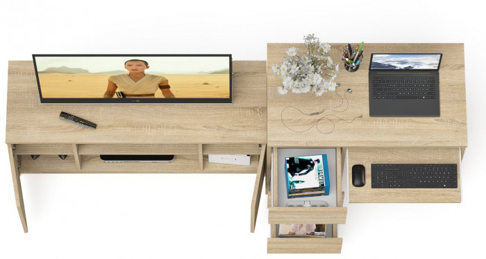 Мори Стол компьютерный МС-6 левый + Тумба МТВ1200.1, цвет дуб сонома, ШхГхВ 210,4х50х76,6 см., выдвижные ящики слева, НЕ универсальная сборка