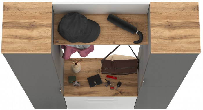 Октава Прихожая 51, цвет белый шагрень/серый графит/дуб крафт золотой/фасады МДФ белый шагрень/серый графит, ШхГхВ 129,3х35,4х197,6 см., ун. сб.