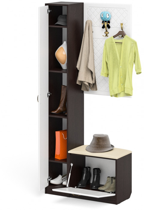 Прихожая П-6 Компоновка № 21, цвет венге/фасады МДФ белое дерево фрезеровка ромб, ШхГхВ 90х35х210 см., универсальная сборка