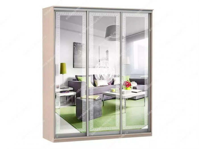 Шкаф купе Модерн 1776х450 3-х дверный 3-х секционный зеркальный с пескоструем №1 ясень