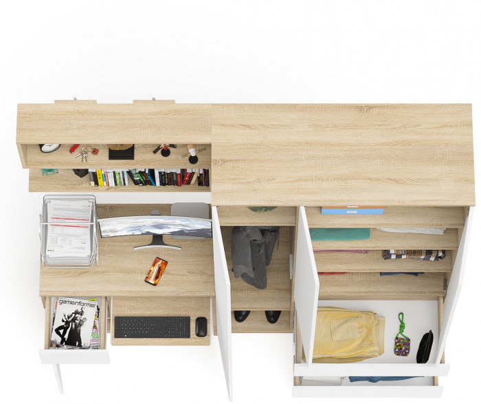 Мори Стол компьютерный МС-1 левый + Шкаф МШ1200.1 + Полка 900, цвет дуб сонома/белый, ШхГхВ 210,4х50,4х209,6 см., НЕ универсальная сборка