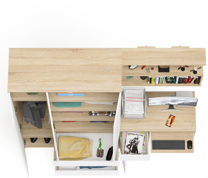 Мори Стол компьютерный МС-1 левый + Шкаф МШ1200.1 + Полка 900, цвет дуб сонома/белый, ШхГхВ 210,4х50,4х209,6 см., НЕ универсальная сборка