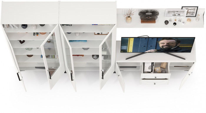 Валенсия Гостиная № 064, цвет ЛДСП белый шагрень/МДФ белый шагрень, ШхГхВ 301,3х38,3х225,2 см., ниша для ТВ 133х38х117 см.