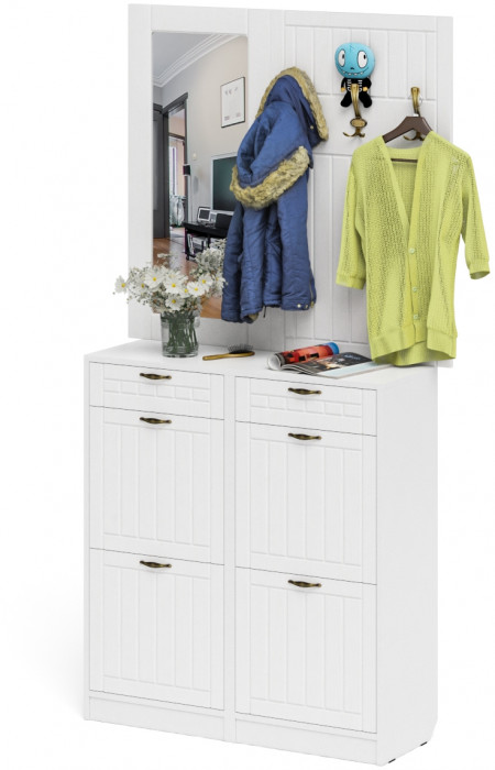 Прихожая П-6 Компоновка № 05, цвет белая шагрень/фасады МДФ белое дерево фрезеровка прованс, ШхГхВ 110х35х200 см.