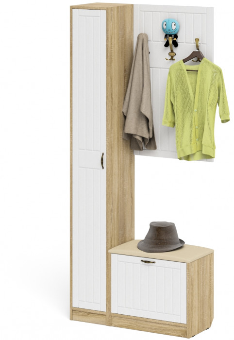 Прихожая П-6 Компоновка № 21, цвет дуб сонома/фасады МДФ белое дерево фрезеровка прованс, ШхГхВ 90х35х210 см., универсальная сборка