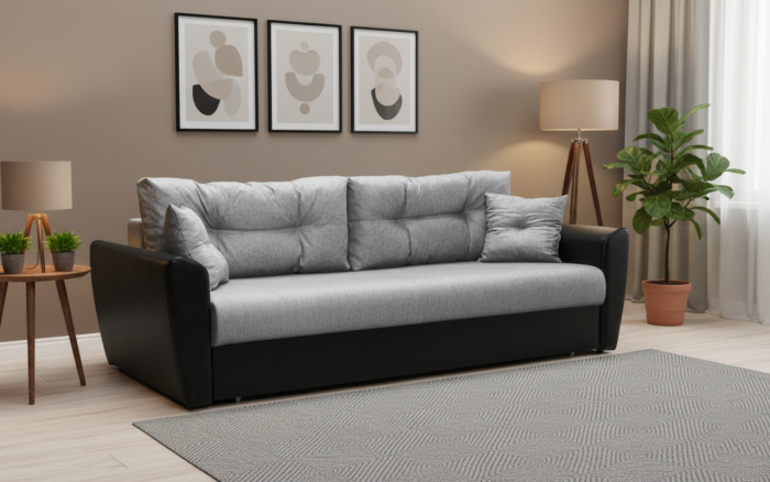 Диван-книжка Амстердам, 120х190, рогожка/экокожа, серый