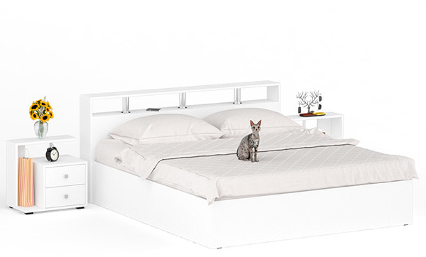 Камелия Кровать 1800 + две тумбы, цвет белый, ШхГхВ 296х217х78,2 см., сп.м. 1800х2000 мм., без матраса, основание есть