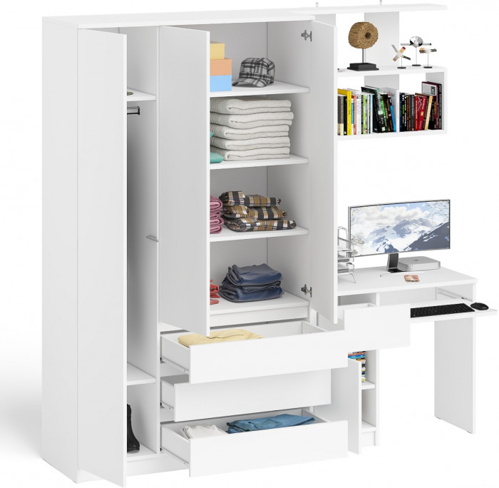 Мори Стол компьютерный МС-1 левый + Шкаф МШ1200.1 + Полка 900, цвет белый, ШхГхВ 210,4х50,4х209,6 см., НЕ универсальная сборка
