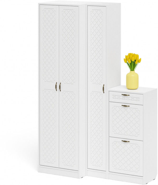 Прихожая П-6 Компоновка № 28, цвет белая шагрень/фасады МДФ белое дерево фрезеровка ромб, ШхГхВ 140х50х210 см., универсальная сборка