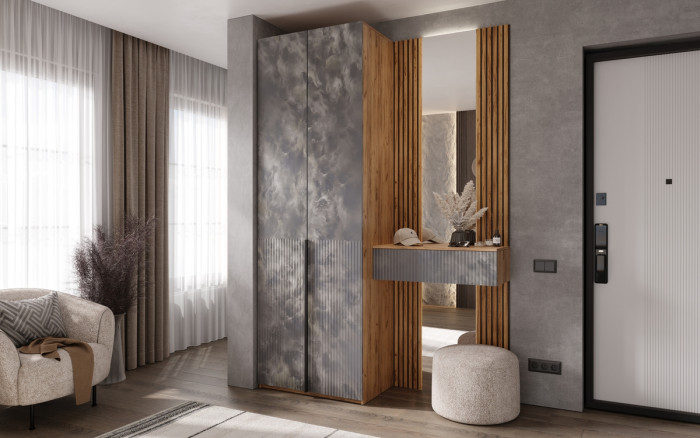 Тумба с зеркалом и шкафом 2-х ств Марвэл, Крафт золотой/Мальта грей