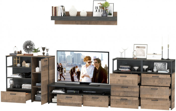 Трувор Гостиная 105, цвет дуб гранж песочный/интра, ШхГхВ 390,8х45,4х195 см., универсальная сборка