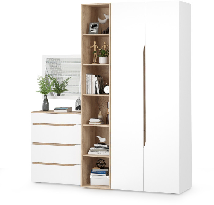 Муссон 13.198 Шкаф + 13.349 Стеллаж + 13.97 Комод + Зеркало СВК, цвет белый/дуб эндгрейн элегантный, ШхГхВ 204,6х52,3х229,8 см., НЕ универс. сб.