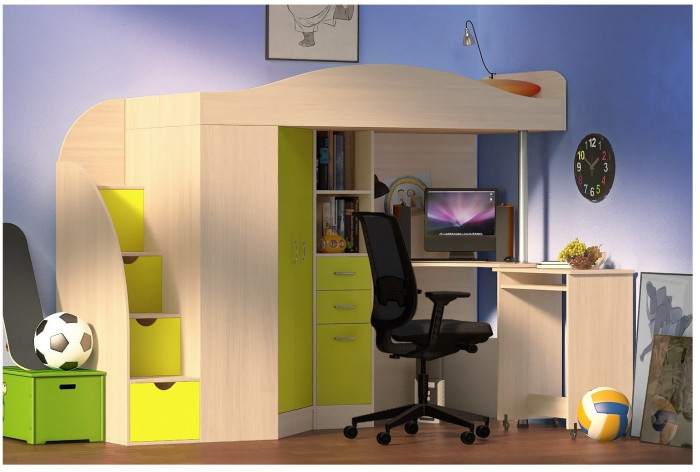 Кровать-чердак Юниор 4 (Белое дерево/Лайм)