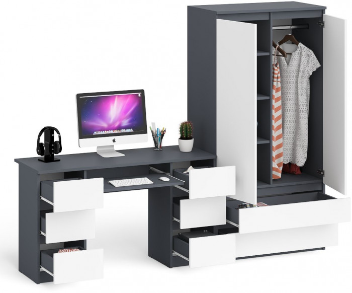 Мори Стол компьютерный МС-2 + Шкаф МШ900.1, цвет графит/белый, ШхГхВ 225,8х50,4х179,6 см., универсальная сборка