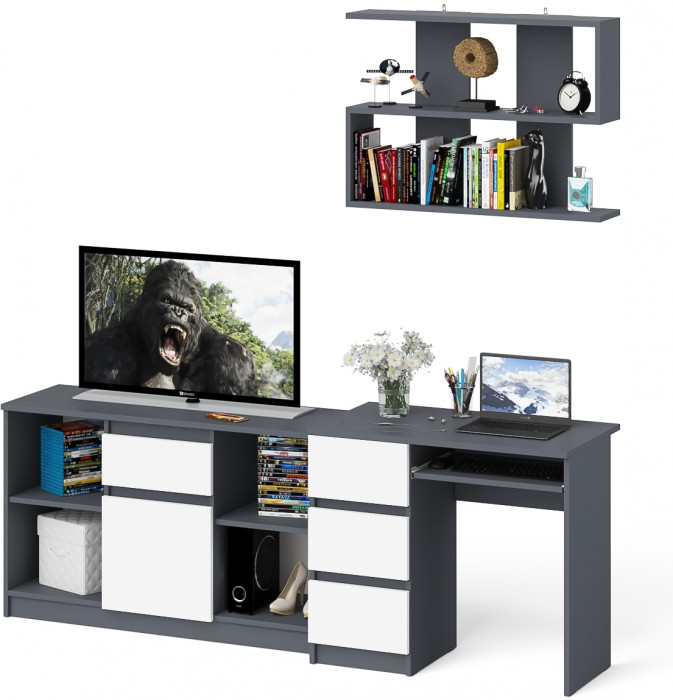 Мори Стол компьютерный МС-6 левый + Тумба МТВ1204.1 + Полка 900, цвет графит/белый, ШхГхВ 210,4х50х209,6 см., НЕ универсальная сборка