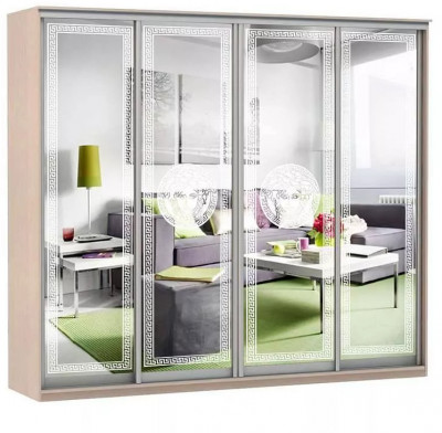 Шкаф купе Модерн 2362х600 4-х дверный 3-х секционный зеркальный с пескоструем №1 ясень